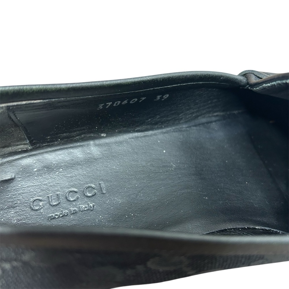 GUCCI Horsebit Loafers Black Leather GG Logo Monogram Canvas Silver Size 39 EU - Picture 6 of 8